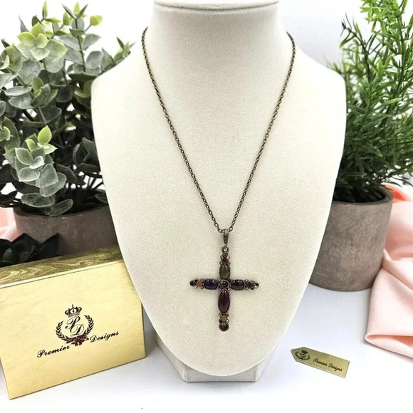 Premier Designs Vintage Bronze Oval Link Chain Cross Pendant Bezel Set‎ Crystals - Picture 5 of 5